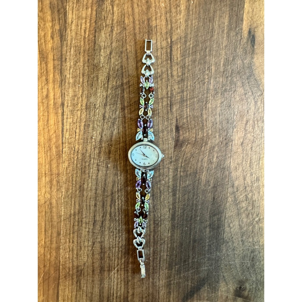 Sterling Silver 925 Multi Gemstone Bracelet Watch Japan Quartz MOP Dial Womens